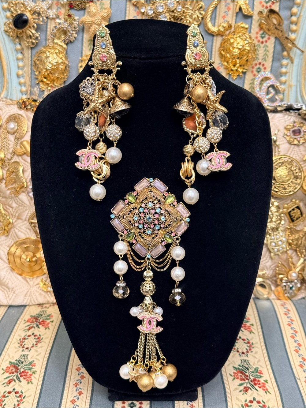 Baroque Garden Vintage Custom Gold Tone Clip On Earrings and Huge Brooch